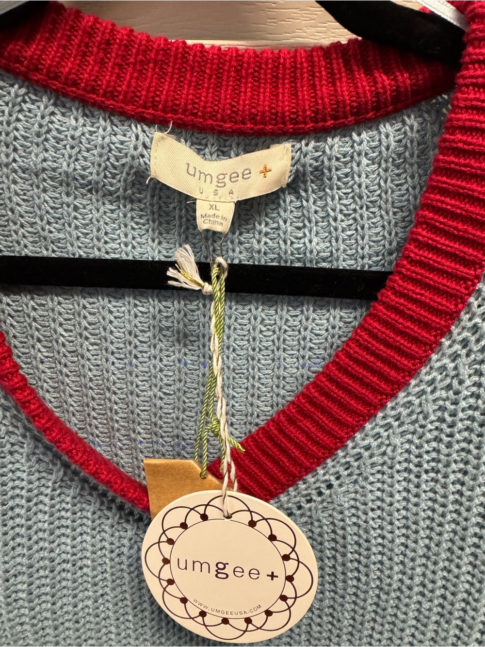 Umgee Light Blue V-Neck Sweater with Red Trim